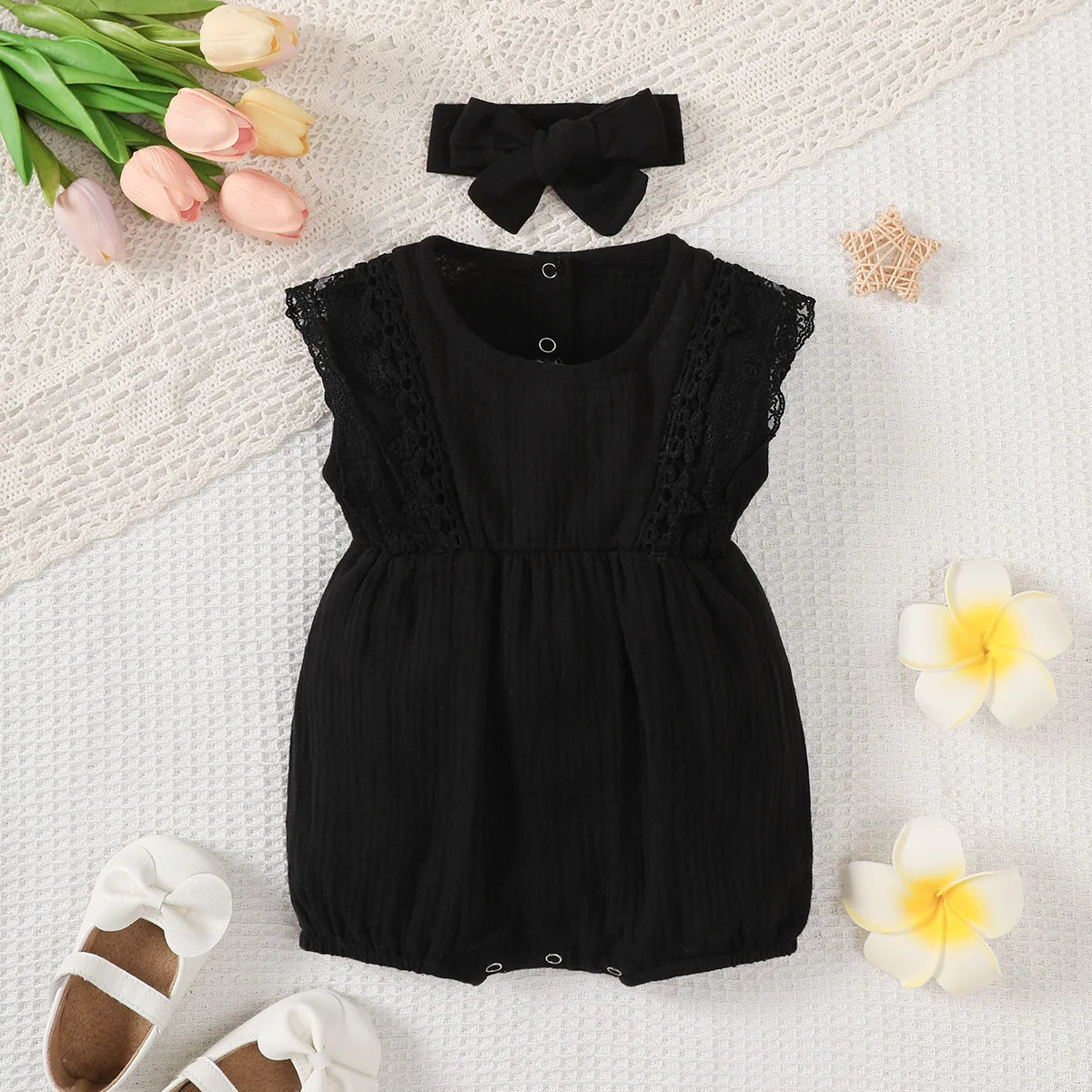 2PCS Newborn Baby Girl Romper Plain Soft Bodysuit Lace Sleeveless Onesie+Headband Summer Costume Toddler Girl Clothes 0-18Months