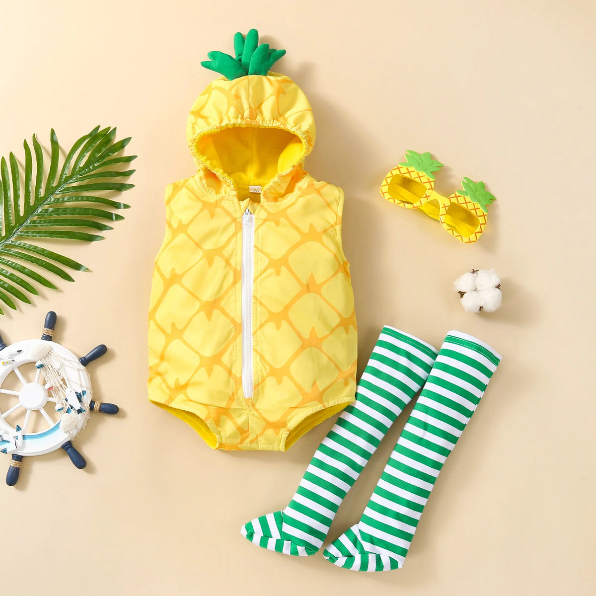 0-18M Baby Girls Boys Pineapple Costume Infant Bodysuit Short Romper Hoodie Purim Halloween Fancy Dress with Stockings