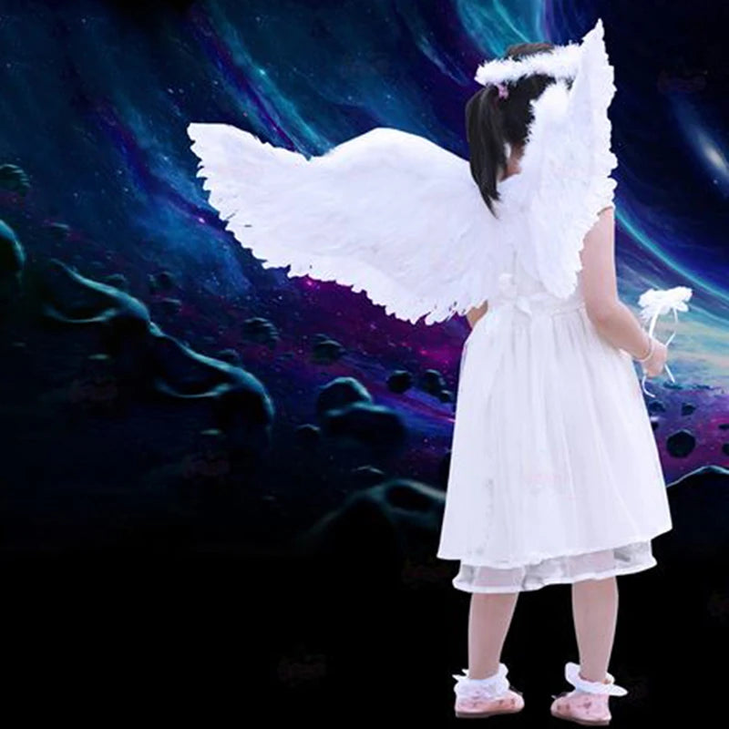 White Angel Wings Costume Set with Halo and Magic Wand