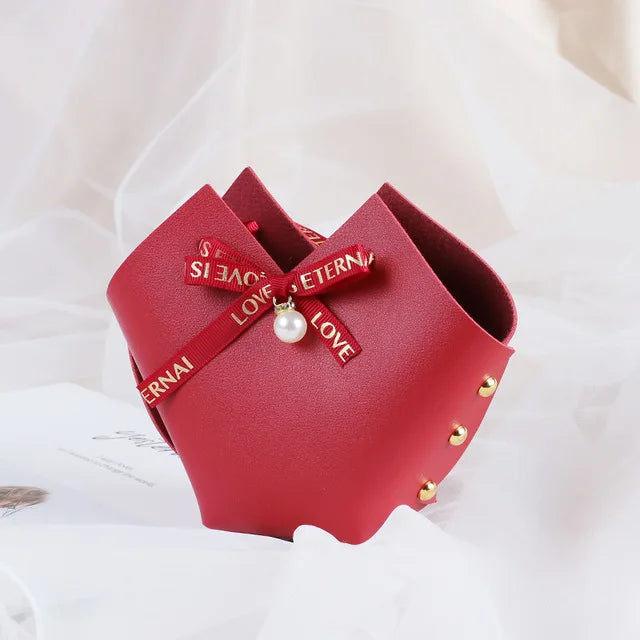 10PCS Distribute Leather Pink Gift Bags Wedding Favour Bag for Guest Mini Handbag with Ribbon Candy Packaging Box Party Decor