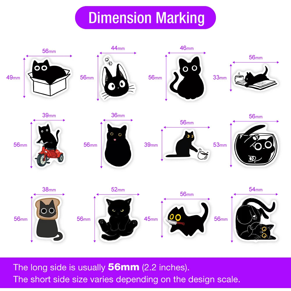 Funny Black Cat Cartoon Stickers DIY Waterproof Decals for Scrapbook Diary Junk Journals Laptop Phone Luggage Bottles Decoration