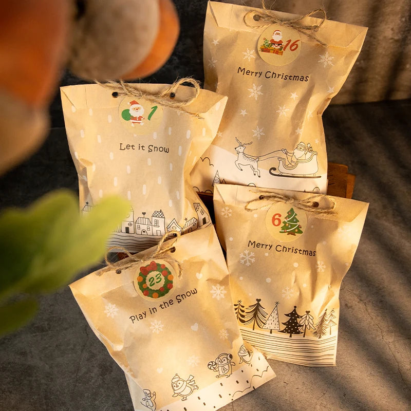 24 Sets Vintage Christmas Kraft Paper Bags Let it Snow Candy Treat Bag with Stickers Advent Calendar Xmas Party Favor Gift Pouch