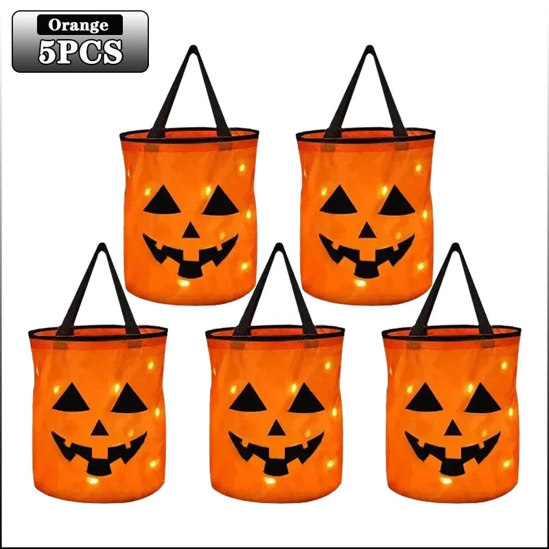 1-20PCS Halloween Pumpkin Tote Bag LED Light Up Handle Reusable Trick or Treat Candy Bag for Kids Party Decor Gift Present
