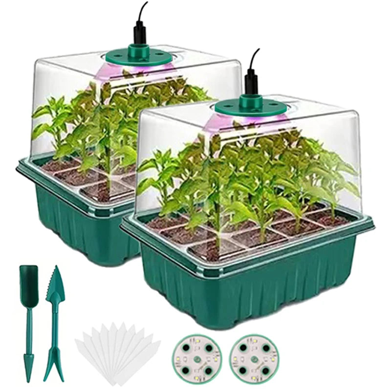 Seed Starter Tray with Grow Light, 2 Pack Seed Germination Kit, Adjustable Humidity Dome, Indoor Home Seedling Starter Tray