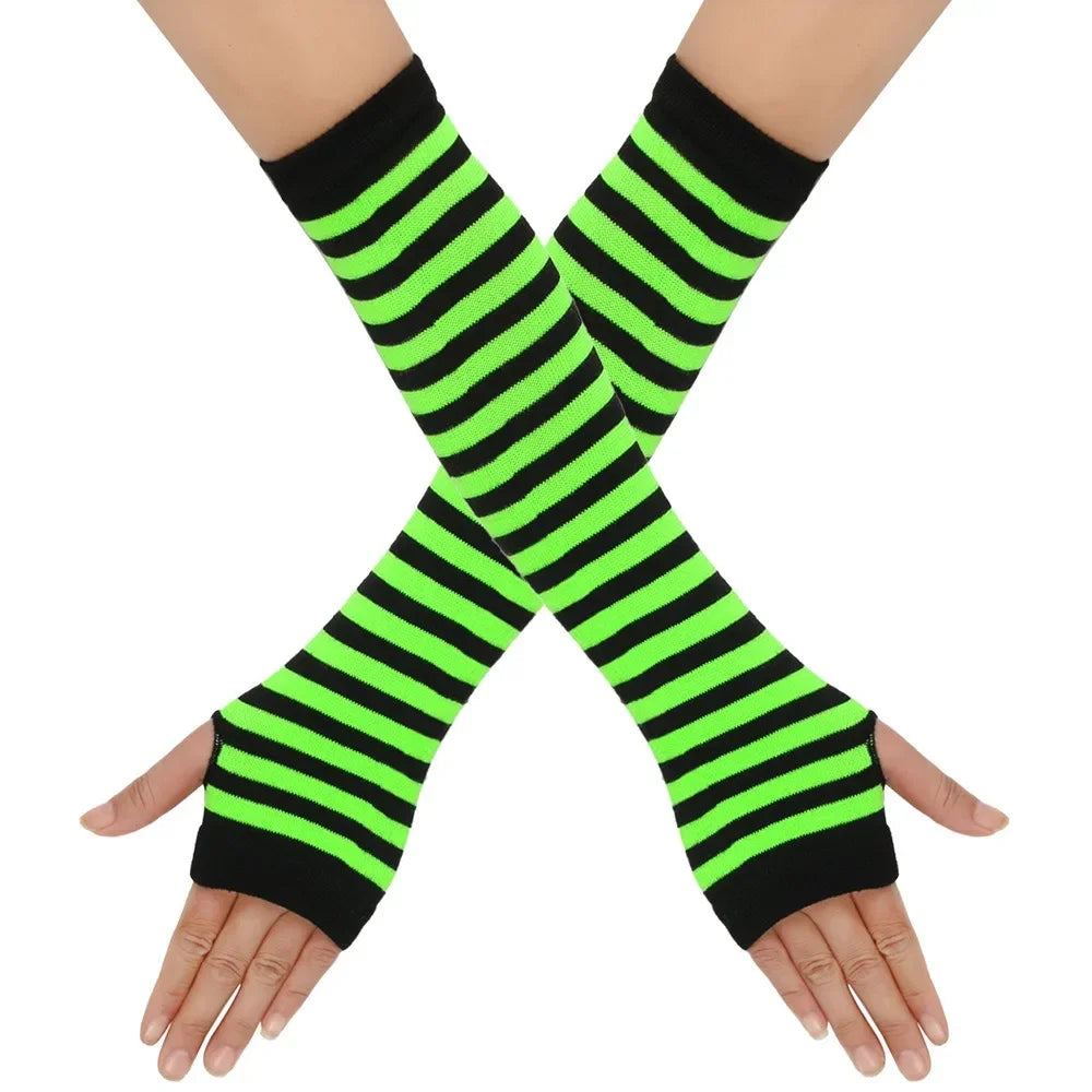 Long Knitted Fingerless Elbow Gloves with Striped Design