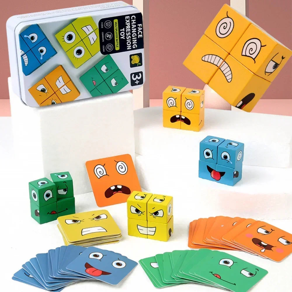 Cube Face Changing Wood Puzzle Building Blocks Board Game Montessori Expression Wooden Blocks Blocos For Children Kids Toys Gift