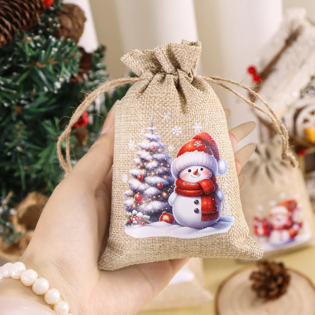 6pc Christmas Linen Drawstring Bags Burlap Gift Bags Candy Biscuits Pouchs for Home Decor 2025 Xmas Navidad Noel Gift Packaging