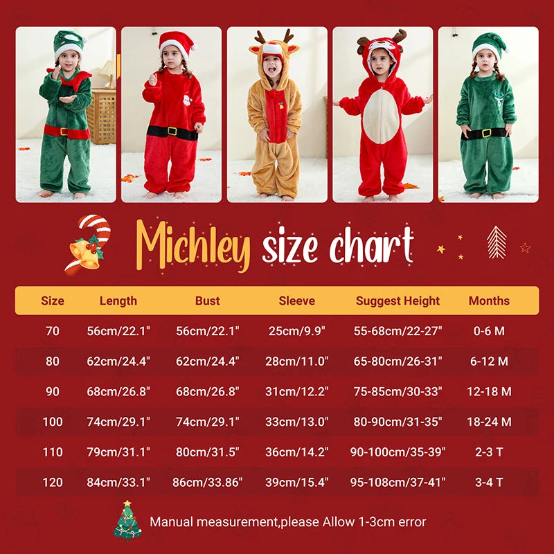 MICHLEY Christmas Baby Rompers Flannel Cosplay Toddler Infant Cute Clothes Overall Bodysuits Jumpsuit Costume For Girls Boys Kid