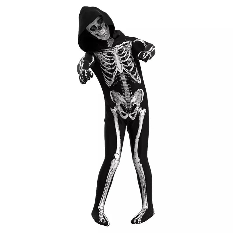 Kids Grim Reaper Skeleton Hooded Jumpsuit Costume