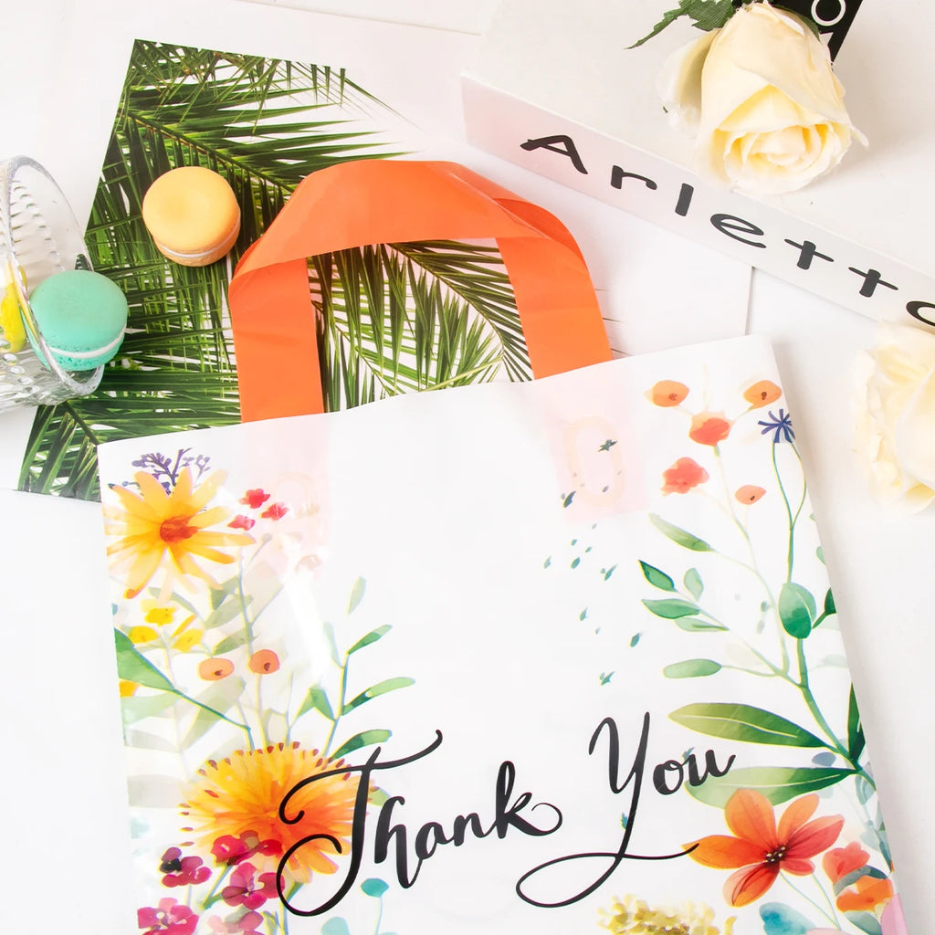10pcs Thank You Gift Bag with Handles Plastic Floral Design Thank You Tote Bags birthday party packing Bags Wedding Favors Bag