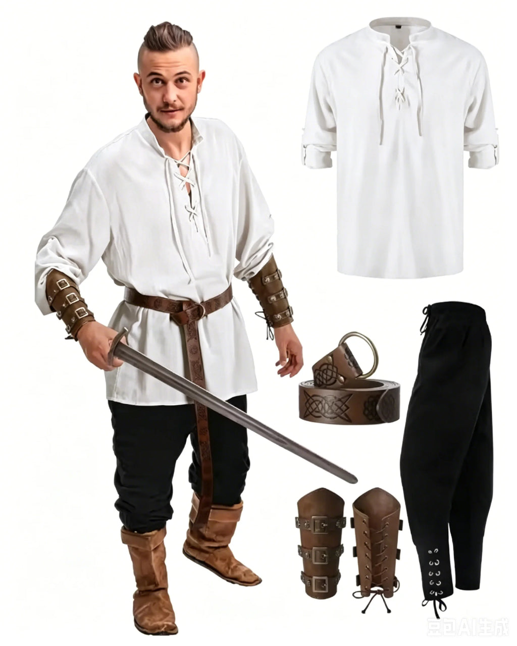Men's Renaissance Costume Set with Shirt, Pants & Belt