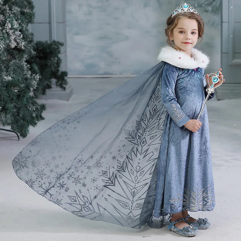 Girls Winter Snow Queen Princess Dress Costume Long Sleeve