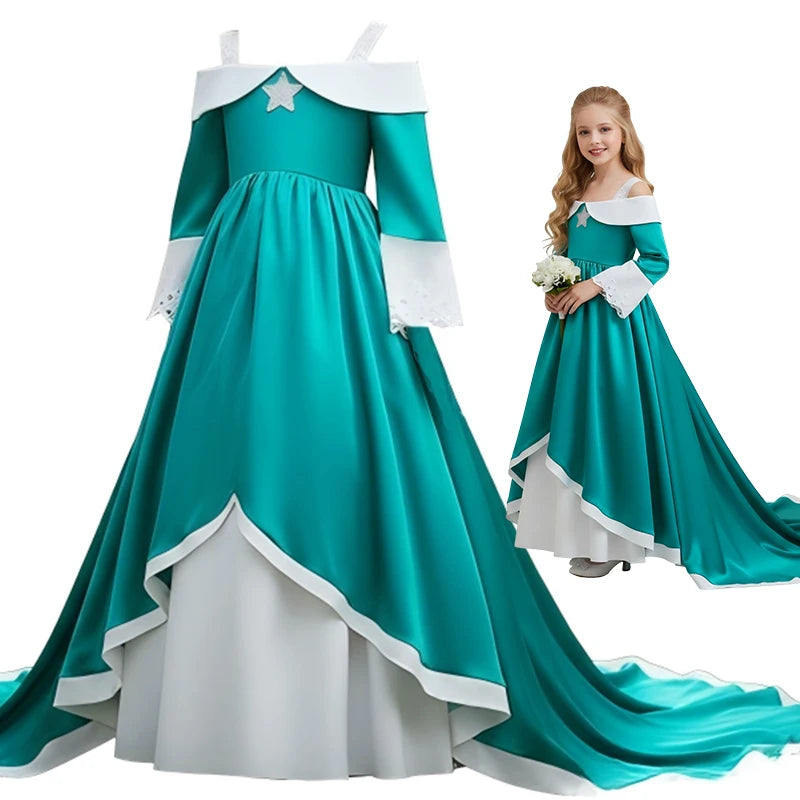 Girls Blue Galaxy Princess Long Dress Halloween Costume