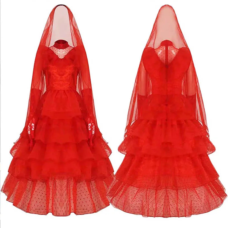 Gothic Red Wedding Dress Costume with Veil & Gloves