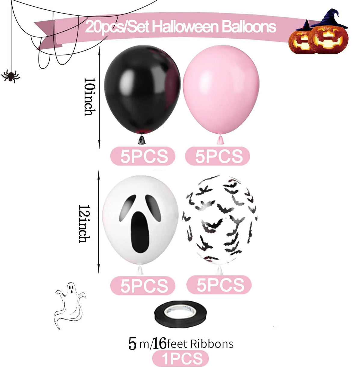 20Pcs Pink Halloween Balloons Ghost Balloon Black Latex Balloons Bat Confetti Ballon for Birthday Halloween Party Decorations
