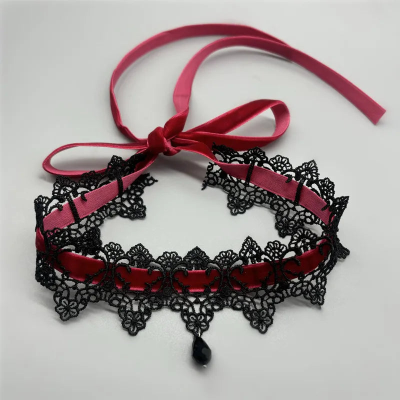Gothic Lace Choker Necklace with Velvet Collar and Bow