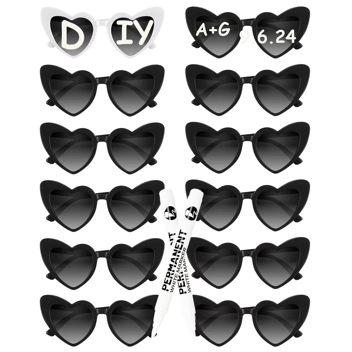12-120Pcs Wedding Heart Sunglasses with Pen Personalised Heart Glasses Bachelorette Party Sunglasses for Wedding Party Favors