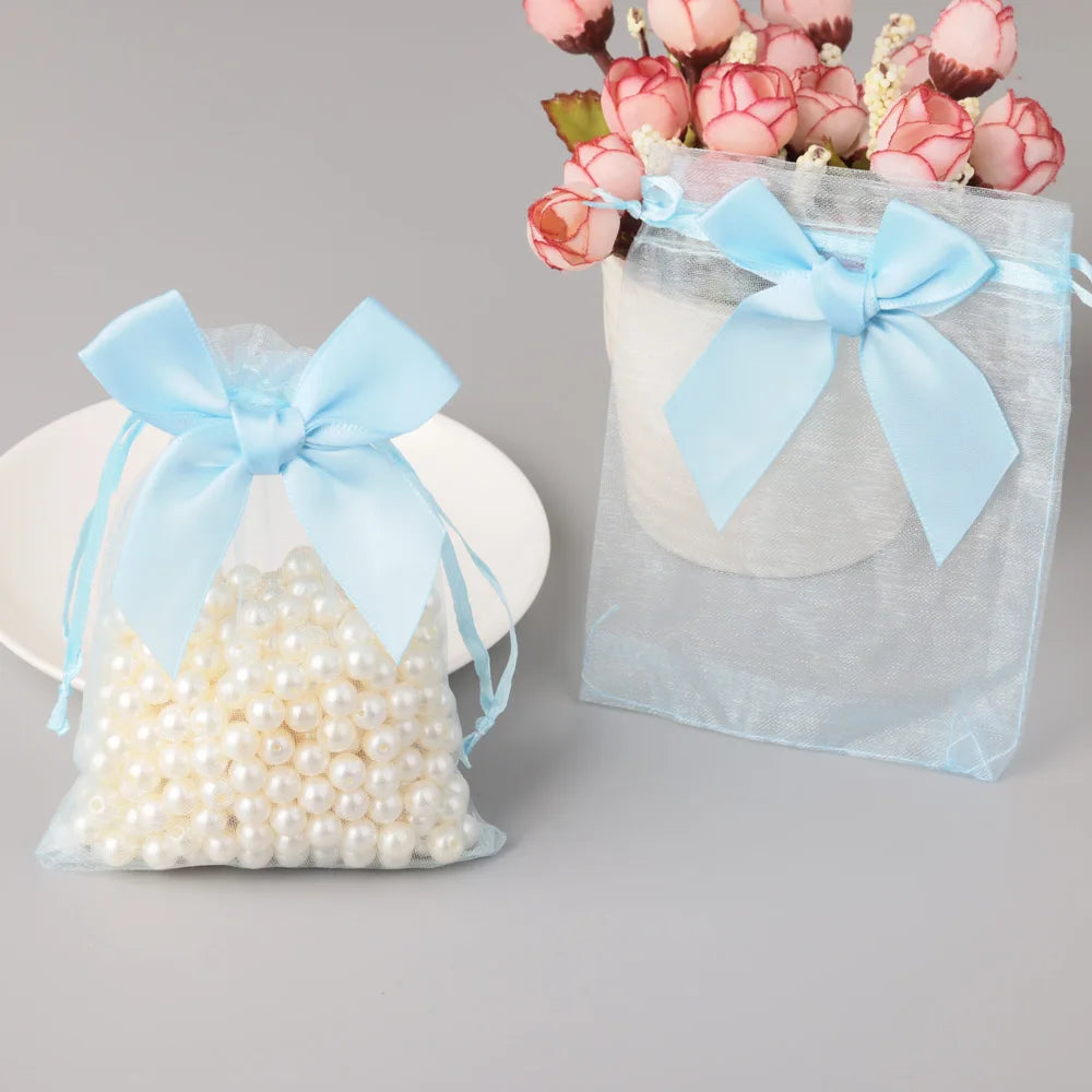 10/20/50pcs/lot New Organza Gift Bag Bowknot Christmas Party Wedding Candy Bags Exquisite Jewelry Packing Drawstring Pouch