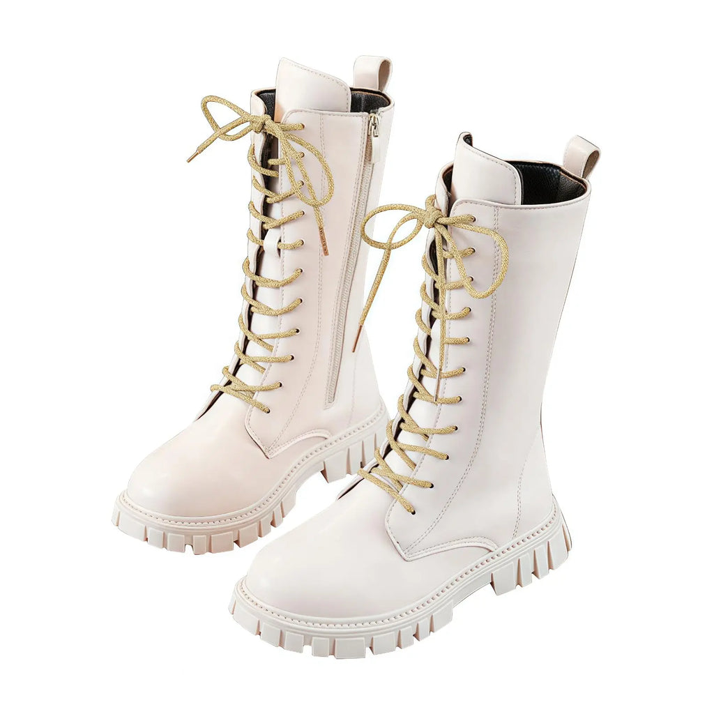 Anti-Slip Winter Boots for Teen Girls Punk Gothic Ankle Boots Daily Wear Mid-Calf Faux Leather Combat Boots with Side Zipper