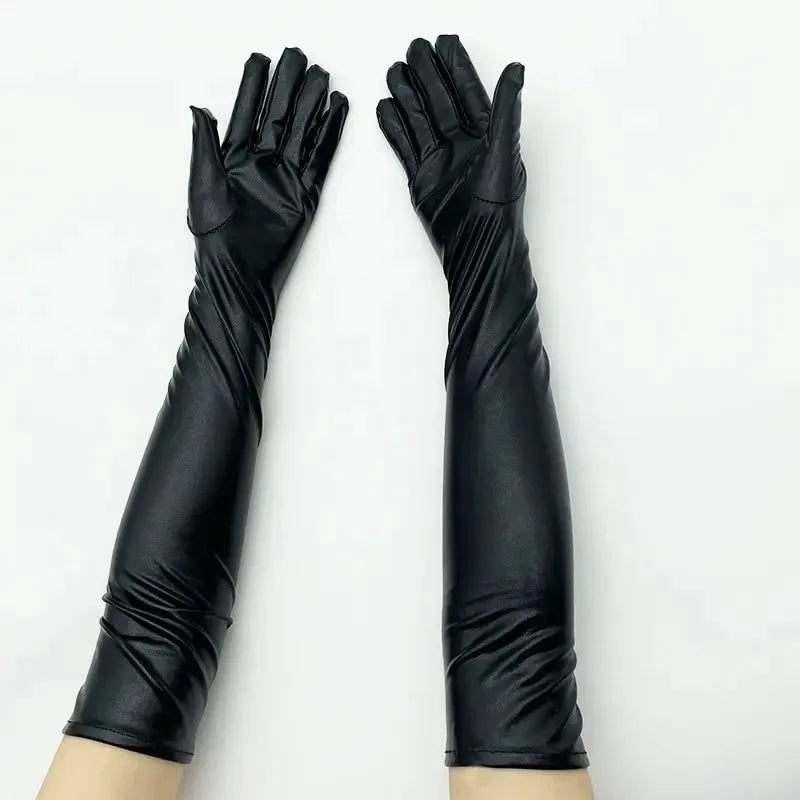 Adult Long Glossy Patent Leather Pole Dance Performance Gloves, Halloween Outfit Accessories, Form-Fitting Tight Gloves