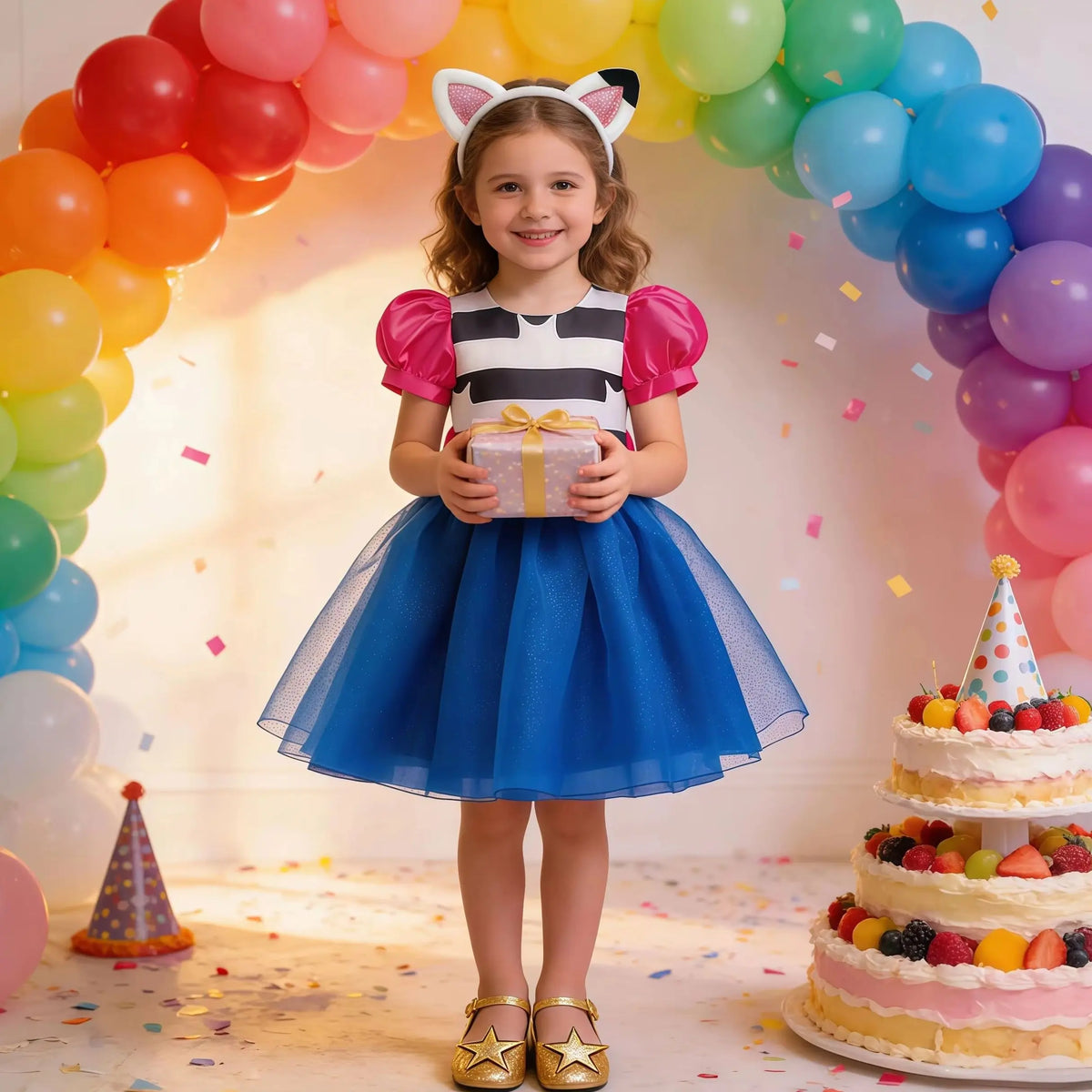 Girls Cat Inspired Princess Dress with Puff Sleeves and Tulle