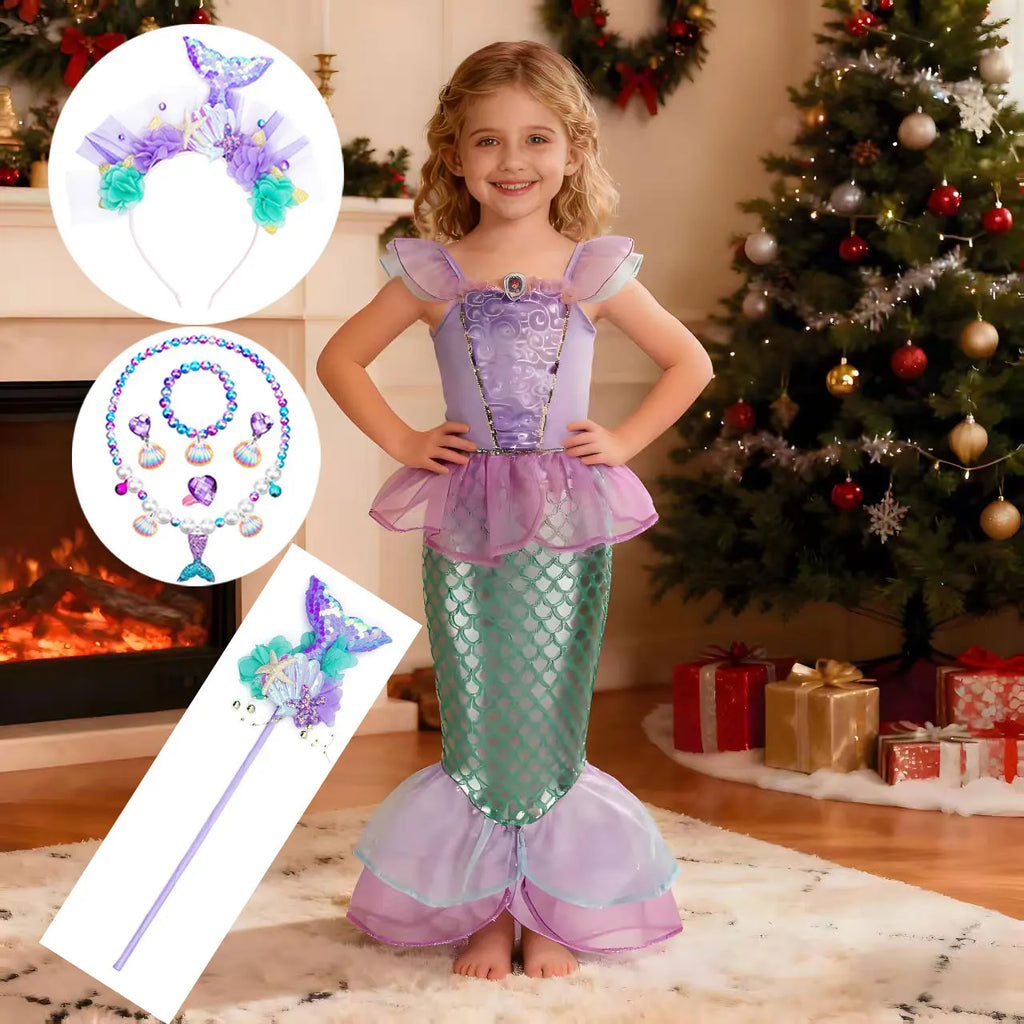 2026 Halloween Kid Purple Mermaid Dress Princess Perform Clothes Baby Girl Birthday Party Christmas Cosplay Dress Suit for Girls