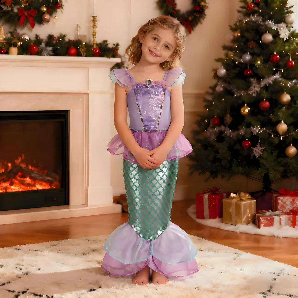 2026 Halloween Kid Purple Mermaid Dress Princess Perform Clothes Baby Girl Birthday Party Christmas Cosplay Dress Suit for Girls