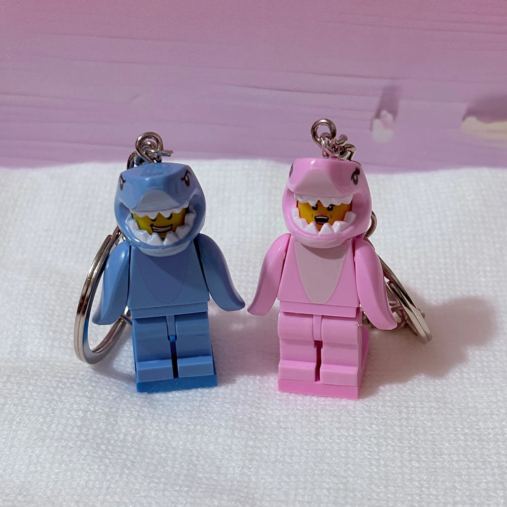 2-Piece Shark Heart Keychain Set Pink & Blue Building Block Design