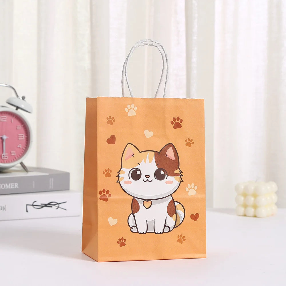 5/30/50pcs Cat Party Gift Bag Cute Kitten Candy Gift with Handle Paper Bag Baby Shower Kids Birthday Kitten Party Decor Supplies