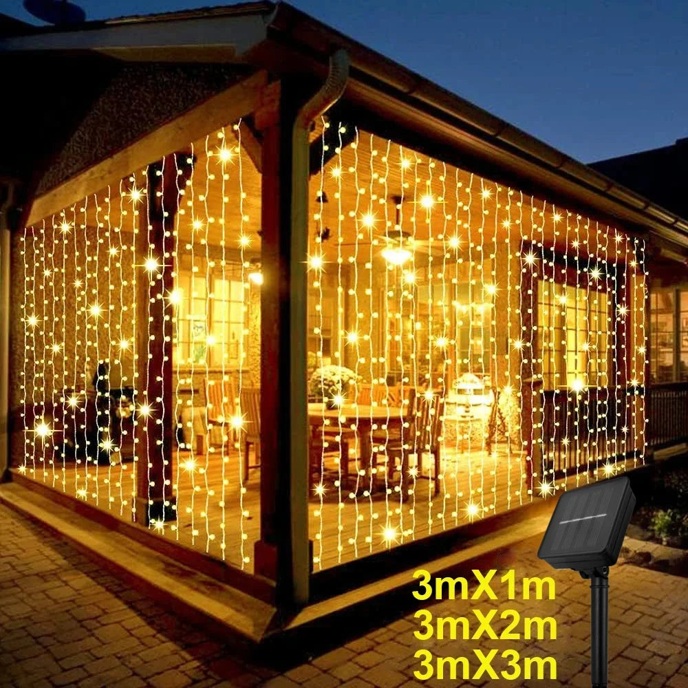 Outdoor Solar Curtain Light 3x3M 300Leds Holiday Decorations Garland 8 Modes Halloween Christmas Party Decor String Lights