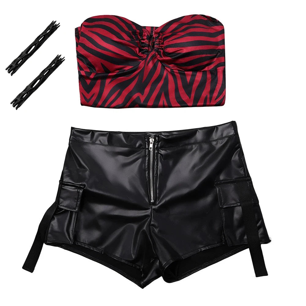 Women’s Zebra Print Punk Cosplay Costume with Cargo Shorts