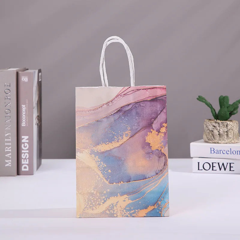 5 pcs Marble Design Kraft Paper Gift Bag with Handle Birthday Party Packaging Bags Wedding Gifts for Guest Eid Ramadan Supplies