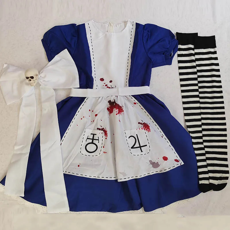 Women's Alice-Inspired Cosplay Dress with Apron & Necklace