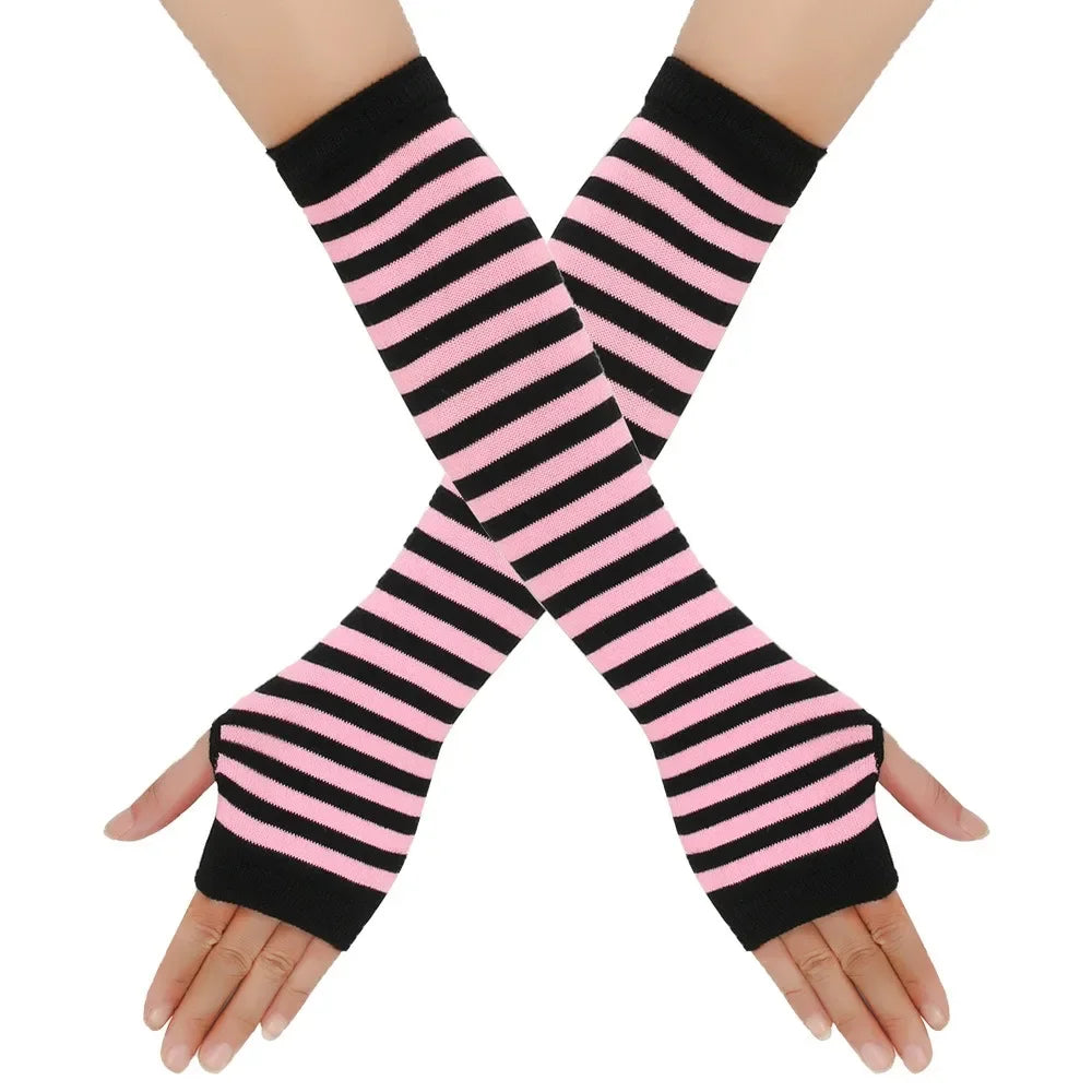 Long Knitted Fingerless Elbow Gloves with Striped Design