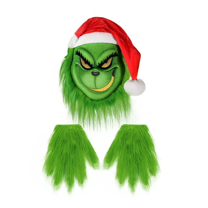 Christmas Thief Costume Set with Red Hat Green Mask and Gloves