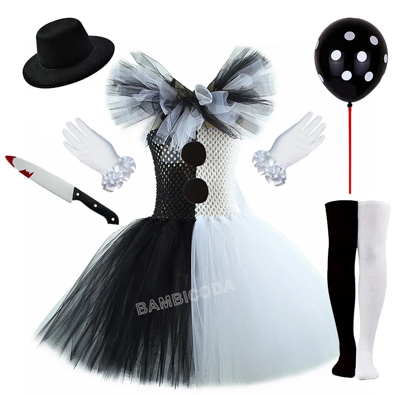 Girls Black White Horror Clown Tutu Dress Costume