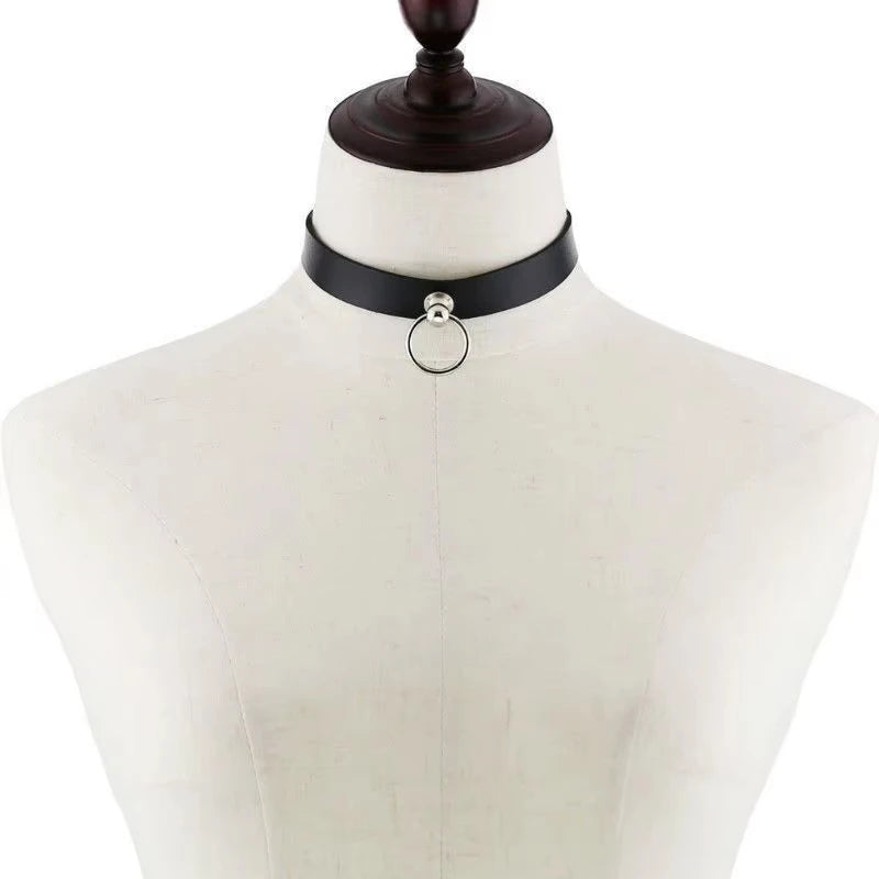 Punk PU Leather Choker with Pull Ring Chain Costume Accessory