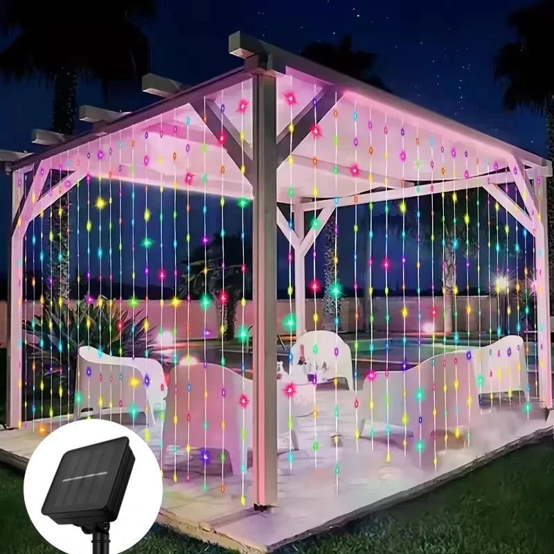Outdoor Solar Curtain Light 3x3M 300Leds Holiday Decorations Garland 8 Modes Halloween Christmas Party Decor String Lights