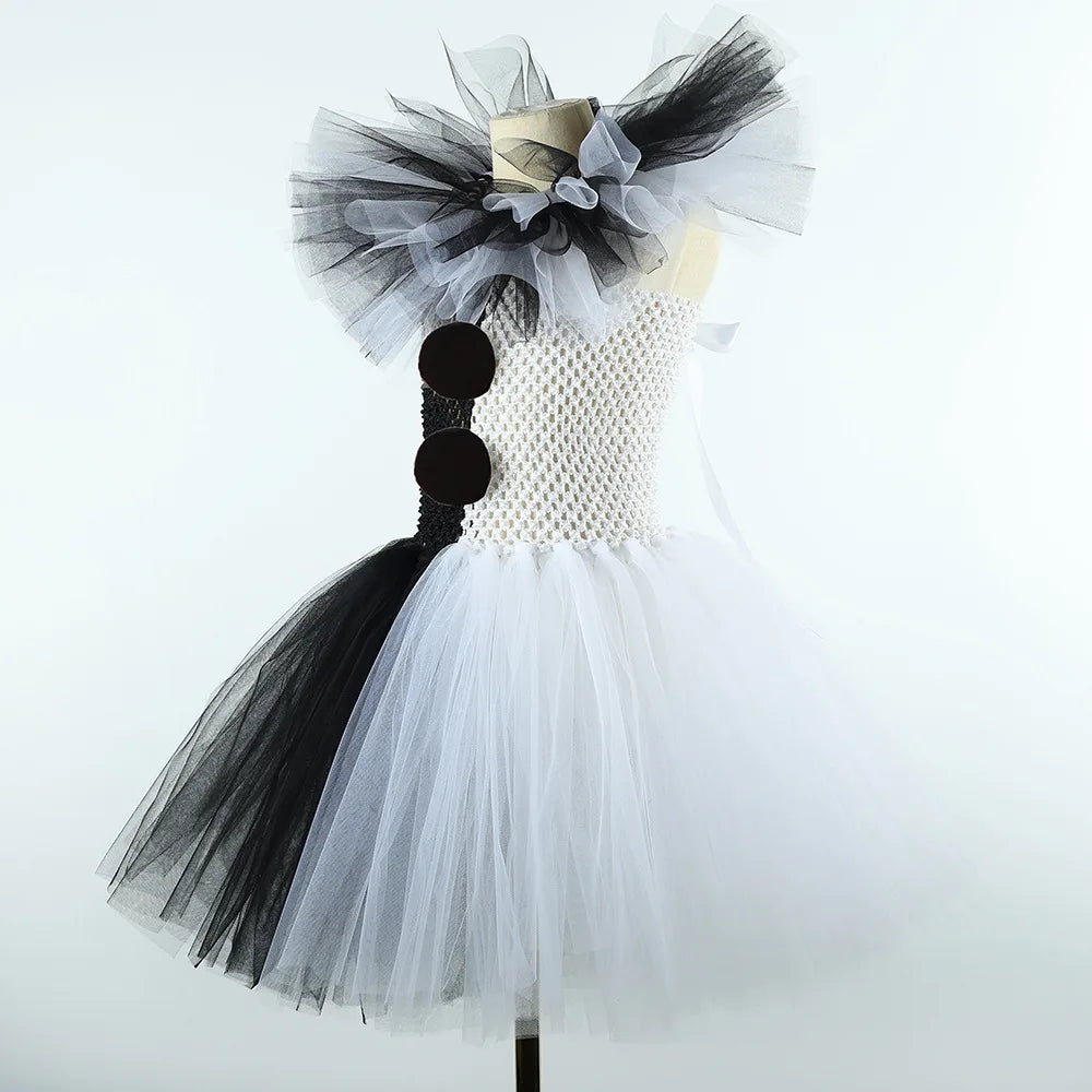 Girls Black White Horror Clown Tutu Dress Costume