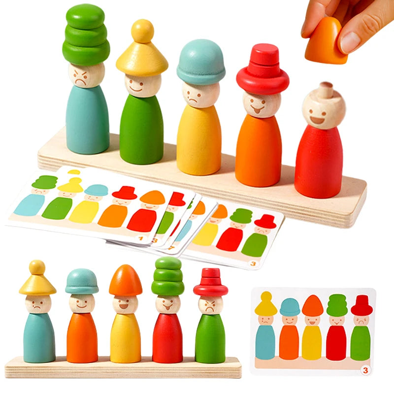 Color Sorting Toys Montessoris Wooden Early Learning Toys Fine Motor Skills Puppet Hat Face Match Creative Stacking Toys For Kid