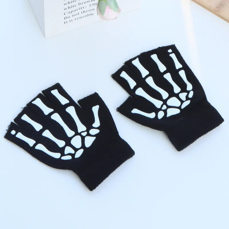 Halloween Skeleton Skull Half Finger Luminous  Fingerless Stretch Knitted Gloves Skull Fingerless Black Mitten
