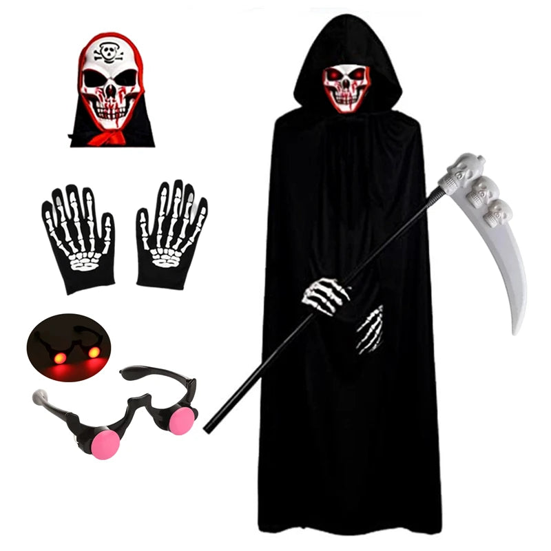 Kids Reaper Costume with Hood Scythe & Glowing Glasses