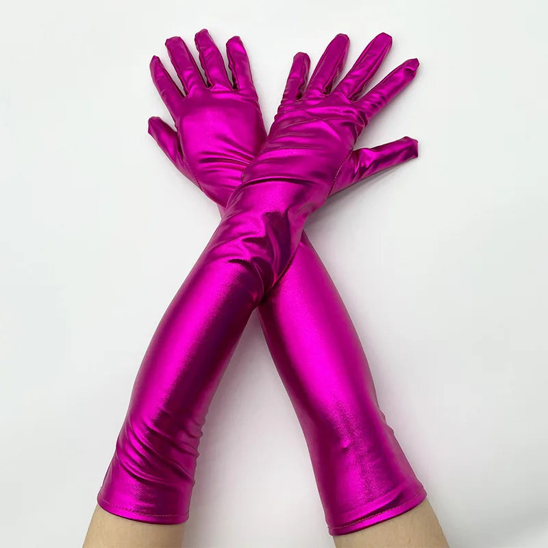 48cm Women Patent Leather Solid Gloves Stage Performance Halloween Cosplay Nightclub Pole Dance Fashion Street Concert