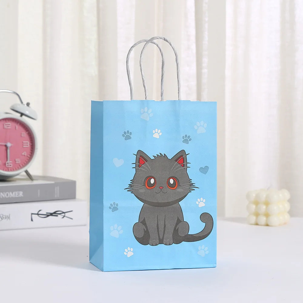 5/30/50pcs Cat Party Gift Bag Cute Kitten Candy Gift with Handle Paper Bag Baby Shower Kids Birthday Kitten Party Decor Supplies