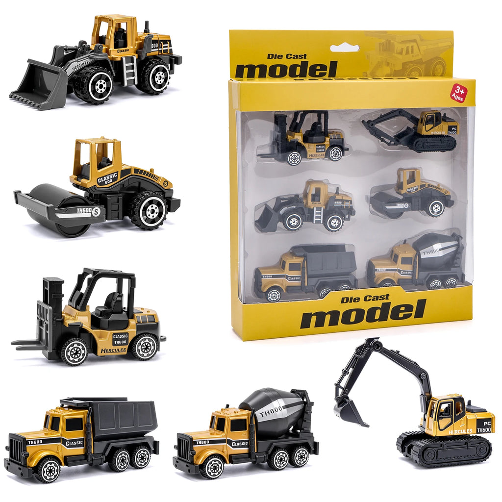 6pcs/set Alloy Engineering Truck Toy Car Classic Construction Model Vehicle Loader Tractor Excavator Toys for Boys Gifts