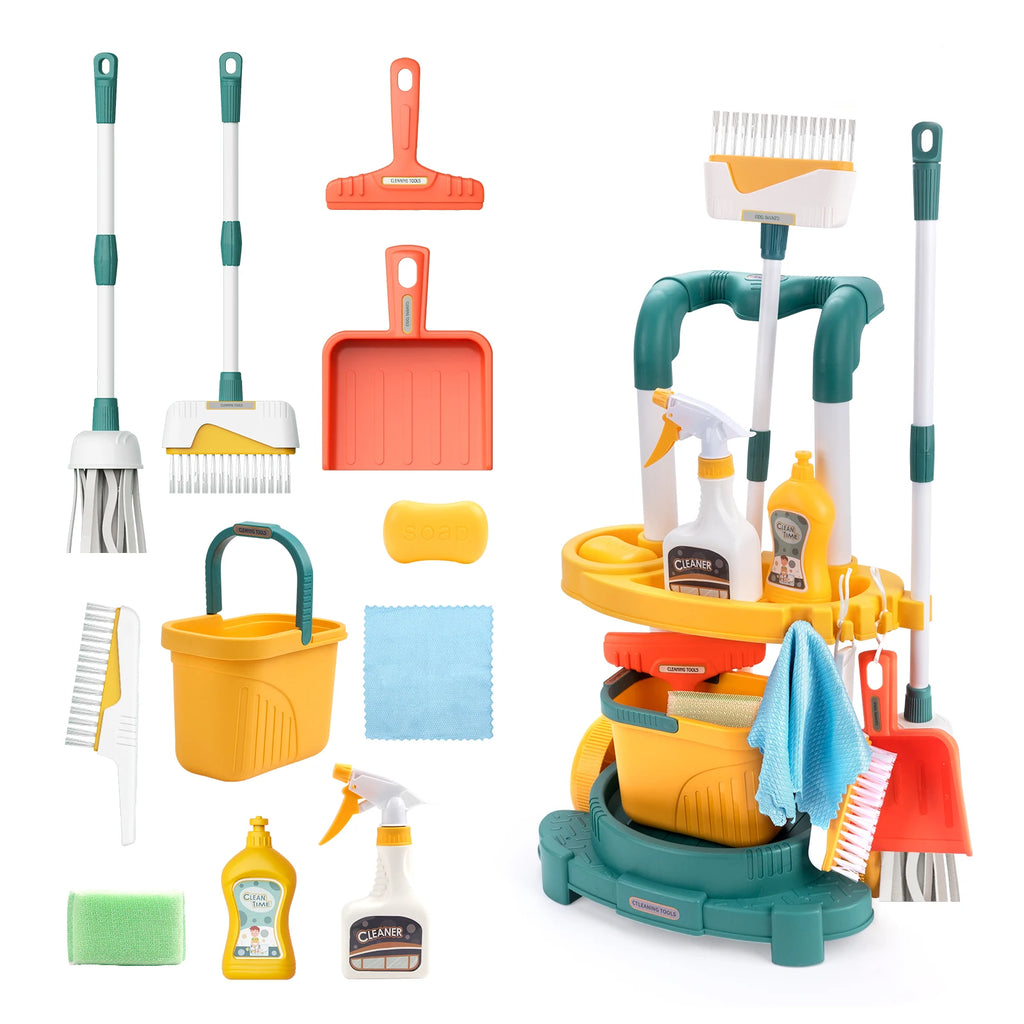12pcs/set Kids Cleaning Set Housework Supplies Kit with Dustpan Broom Bucket Mop Cleaning Set Play House Toys for Boys & Girls
