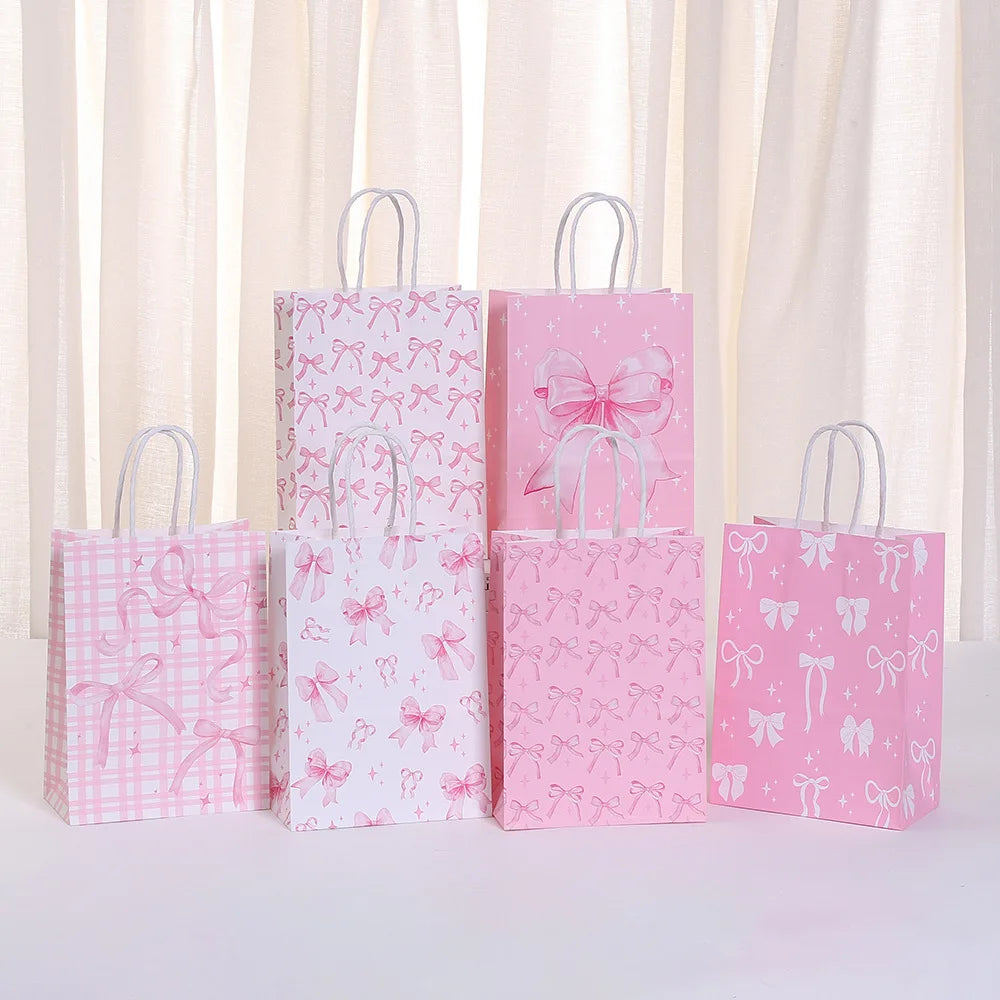 6/12/24/48pcs Pink and White Bow Paper Gift Bags Birthday Favor Bags with Handles Candy Bags Baby Shower Wedding Party Supplies