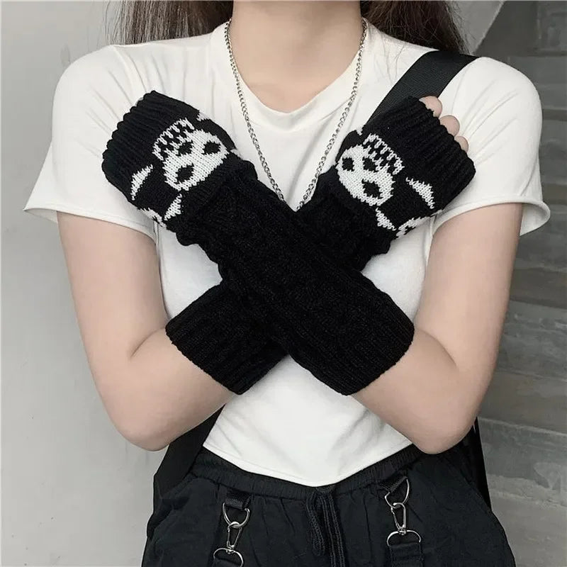 Punk EMO Style Streetwear Women Wrist Arm Warmers Knitted Long Fingerless Gloves Black Mittens Gothic Cos Halloween Skull Gloves