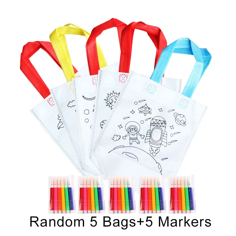 DIY Coloring Goodie Bags with Coloring Markers Party Gift Bags for Kids Toy Storage Bag Eco Non-Woven Fabric Shopping Bags