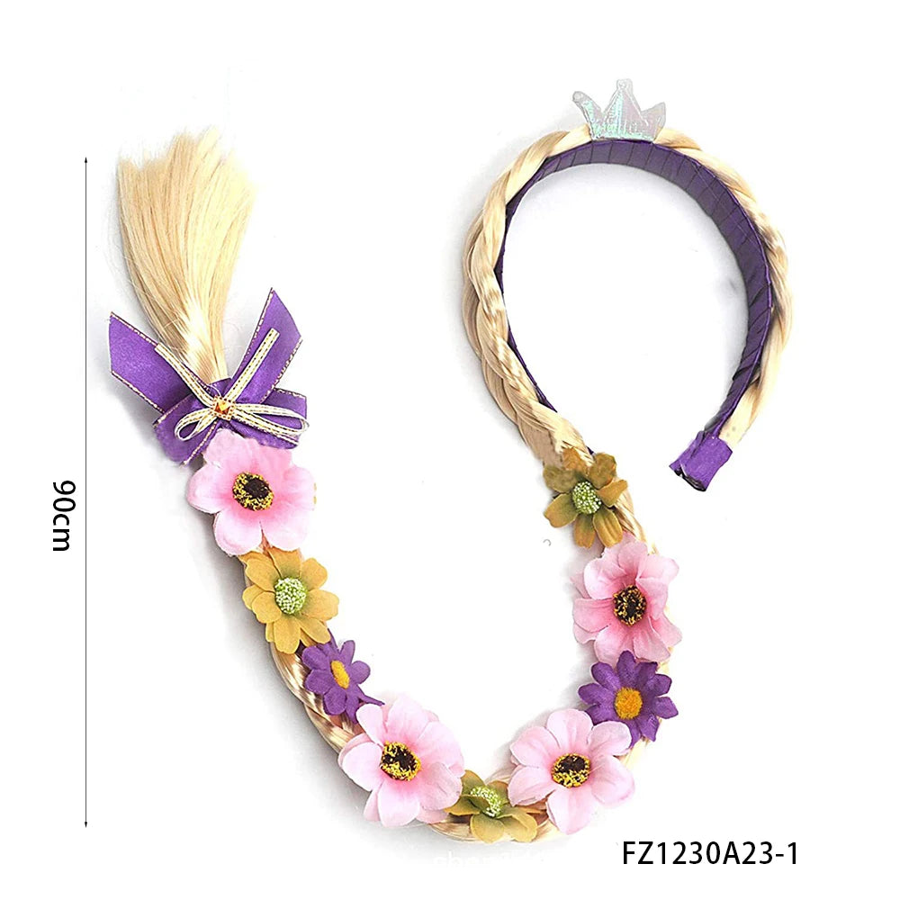 Long Braided Princess Wig with Floral Headband for Girls